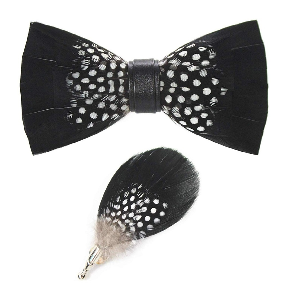 Mens Natural Feather Pre-Tied Bow tie & Lapel Pin